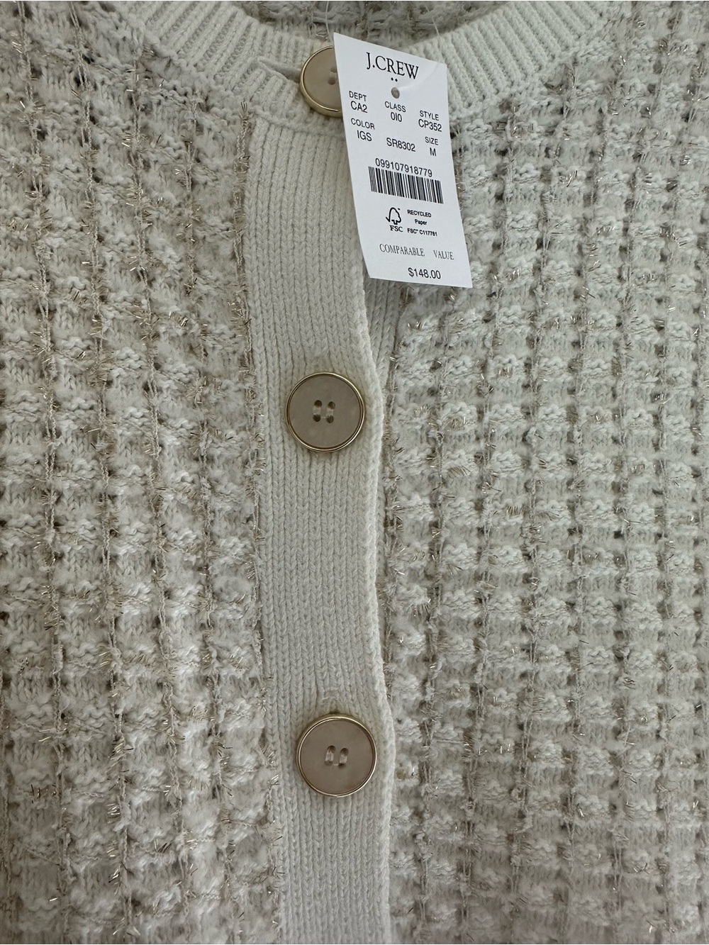 J.Crew NWT Metallic Gold Shimmer Waffle Knit Cardigan Sweater Ivory Size M - Picture 7 of 8